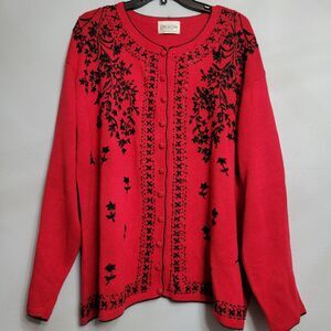 VTG Carly St Claire Red & Black Beaded Embroidered Cardigan Sweater Grandma 3X